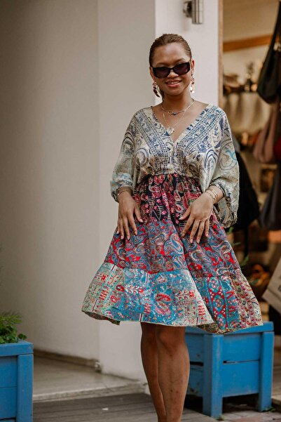 Miss Boheme Red Color Patchwork Patterned Tie Front V Back Tie Short Silk Dress