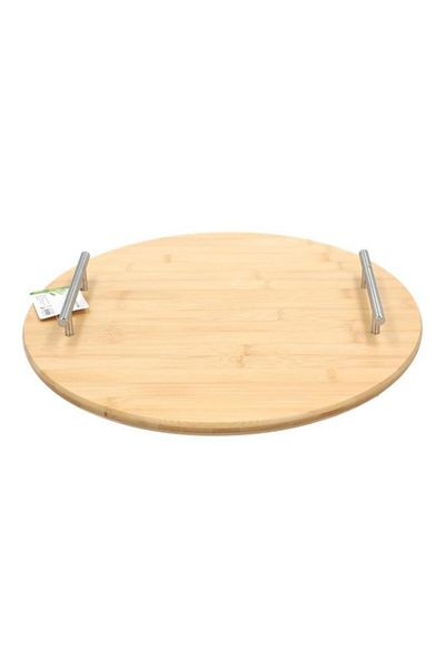Generic صينية تقديم دائرية من الخيزران بمقبض من Bien Servi، لون طبيعي وفضي، 39.5 × 4.5 سم، G19-BX011