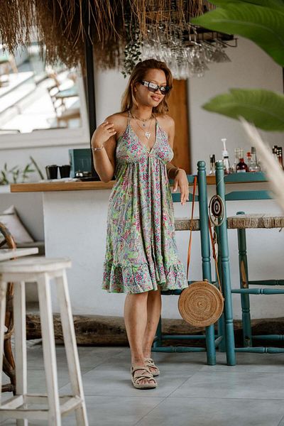 Miss Boheme Green Color Gold Detail Halter Neck Backless Short Silk Dress