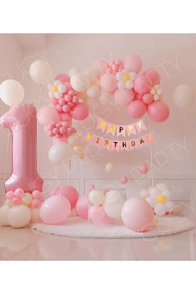 Laviyosa Pink White Daisy Detailed Concept Birthday Ornament Age Number Birthday Party Set Ornament