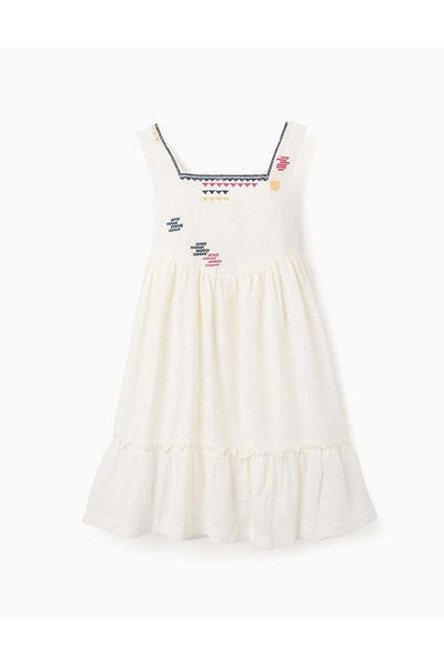 Ziddy Dobby Fabric Dress with Embroidery for Girls, White