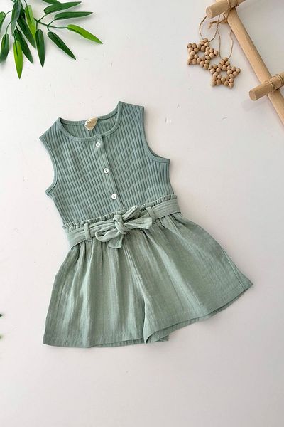Minigimin Cicileri Baby Girl's Cotton Muslin Shorts Detailed Baby Girl Jumpsuit with Button Detail - Green