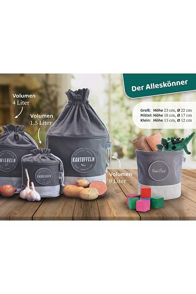 Glückstoff Set of 3 Glückstoff® storage bags, jute/cotton, grey/white