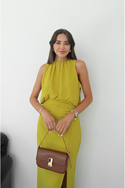 Havoş Oil Green Dress with Gather Detail on Top