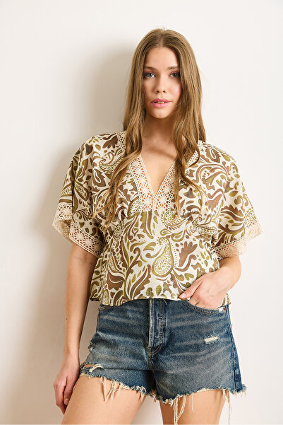 Olalook Women's Stone Green Guipure Detailed Linen Look Blouse Blz-19003028