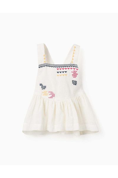 Ziddy Dobby Fabric Top with Embroidery for Girls, White