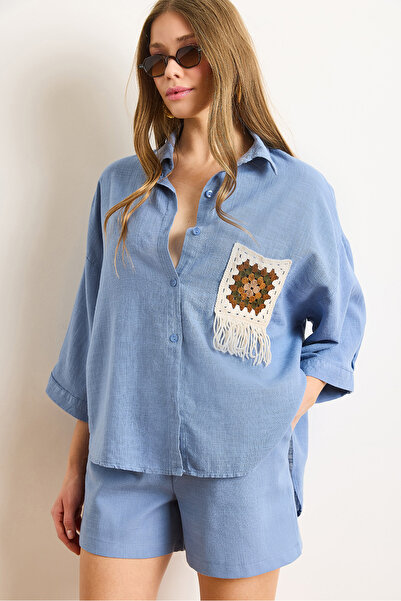 Olalook Kadın İndigo Cep Detaylı Geniş Kol Yıkamalı Keten İçerikli Gömlek GML-19001353