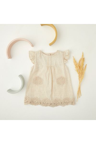 Patique Kids Beige Bohemian Patterned Buttoned Cotton Girl's Dress