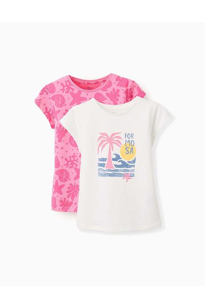 Ziddy Pack of 2 Cotton T-shirts for Girls 'Navy', Pink/White
