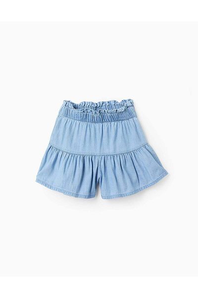 Ziddy Denim Twill Shorts with Ruffles for Girls, Blue