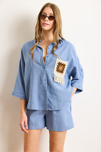 Olalook Kadın İndigo Cep Detaylı Geniş Kol Yıkamalı Keten İçerikli Gömlek GML-19001353