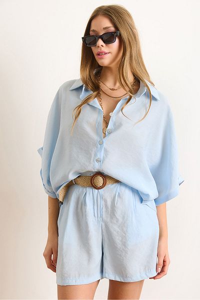 Olalook Γυναικείο Baby Blue Modal Top πουκάμισο με κάτω ζώνη σορτς TKM-19000403