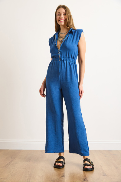 Olalook Women's Navy Blue Zippered Elastic Waist Draped Jumpsuit Tlm-19000163