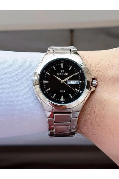Belonni Classic Model Black Dial Calendar Metal Band Wrist Watch
