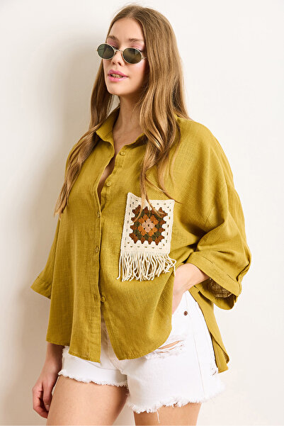 Olalook Women's Oil Green Pocket Detailed Wide Sleeve Washed Linen Content Sh...