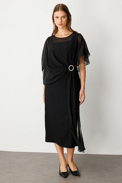 Ekol Thick Strap Brooch Maxi Dress Black
