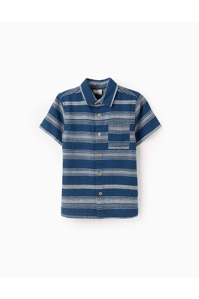 Ziddy Short Sleeve Shirt with Embossed Stripes for Boys, Dark Blue