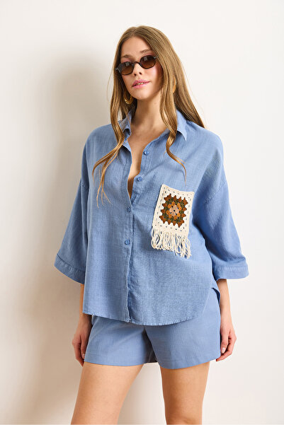 Olalook Kadın İndigo Cep Detaylı Geniş Kol Yıkamalı Keten İçerikli Gömlek GML-19001353