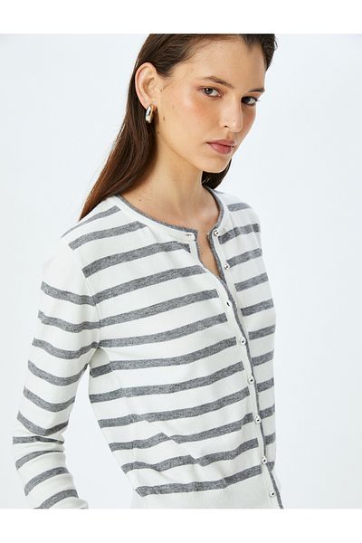 Koton Button Detailed Long Sleeve Crew Neck Striped Cardigan