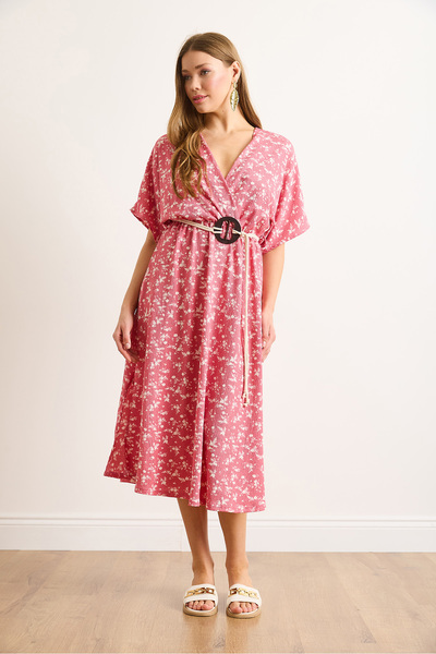 Olalook Γυναικείο Dusty Rose Ζώνη με διπλό γιακά με σχισμή μίντι φόρεμα ELB-19002458