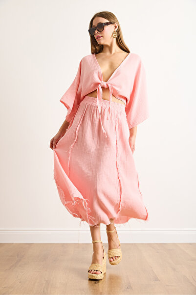 Olalook Kadın Pembe Beli Lastikli Pis Dikiş Müslin Etek ETK-19000310