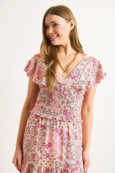 Olalook Γυναικεία ροζ φλοράλ μπροστινή πλάτη V βολάν υφασμένη βισκόζη μπλούζα BLZ-19003032