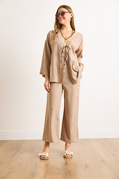 Olalook Women's Camel Top Lace-Up Cardigan Bottom Pocket Pants Suit Tkm-19000404