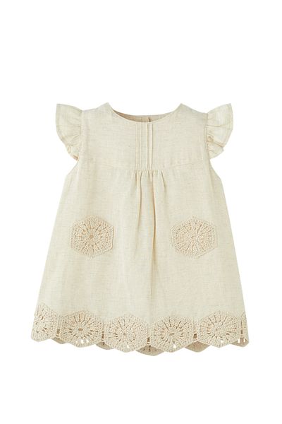 Patique Kids Beige Bohemian Patterned Buttoned Cotton Girl's Dress
