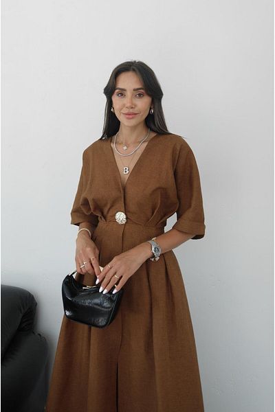 Havoş Φόρεμα από ακατέργαστο λινό με αξεσουάρ Camel Gold