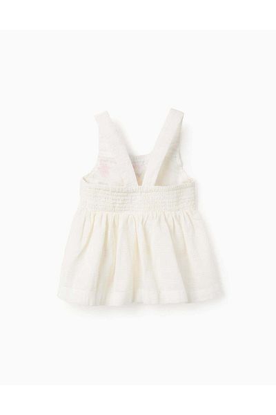 Ziddy Dobby Fabric Top with Embroidery for Girls, White