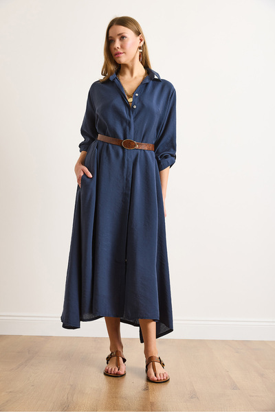 Olalook Kadın Lacivert Modal Cepli Kemerli Gizli Patlı Maksi Gömlek Elbise ELB-19002456
