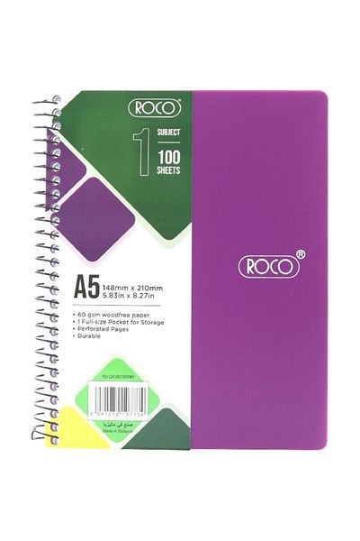 Roco Neon Purple Lined Notebook A5 - 100 Sheets
