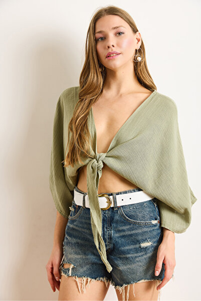 Olalook Women's Khaki Bat Muslin Blouse with Front Tie Detail Blz-19003030
