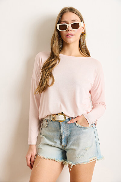 Olalook Γυναικεία Candy Pink Crew Neck Bat Flowy βισκόζη μπλούζα BLZ-19002588