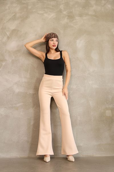 vesantia Women's Beige High Waist Flared Trousers – Stylish and Comfortable Fit