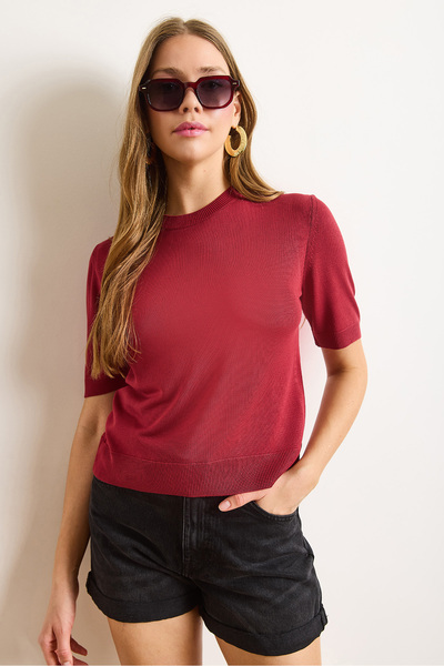 Olalook Women's Burgundy Crew Neck Draped Viscose Knitwear Blouse Blz-19002948