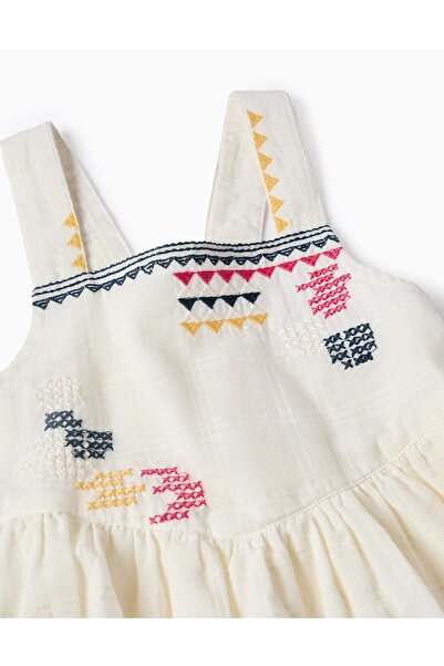 Ziddy Dobby Fabric Top with Embroidery for Girls, White