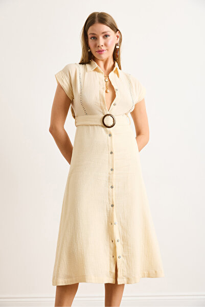 Olalook Women's Beige Insole Sewn Belted Muslin Shirt Dress Elb-19002423