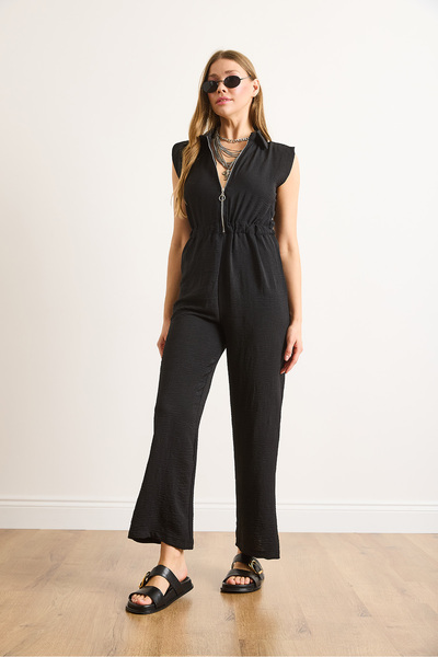 Olalook Women's Black Zippered Elastic Waist Draped Jumpsuit Tlm-19000163