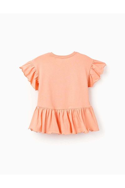 Ziddy Cotton T-shirt with Ruffles for Girls, Coral