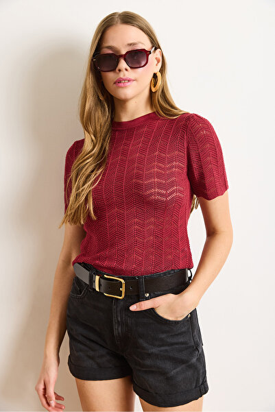 Olalook Women's Burgundy Zigzag Openwork Mercerized Viscose Knitwear Blouse Blz-19003010