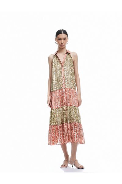 Koton Φόρεμα με κουμπιά Αμάνικο Ethnic Print Glitter Chiffon Μακρύ πουκάμισο