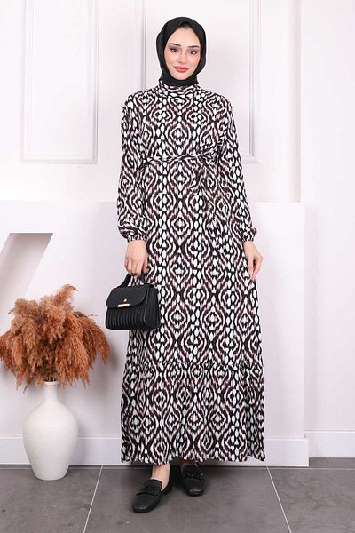İmajButik Brown Patterned Skirt Layered Viscon Dress