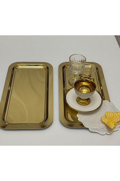 Elzemm store 2 Pieces Gold Color Large Rectangular Model Serving and Presentation Tray 18*33 cm