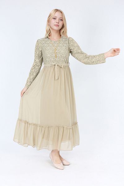 Joui Co Girls' Hijab Dress-Lace Pattern-Lined-Chiffon Fabric- Long Dress with Necklace Detail