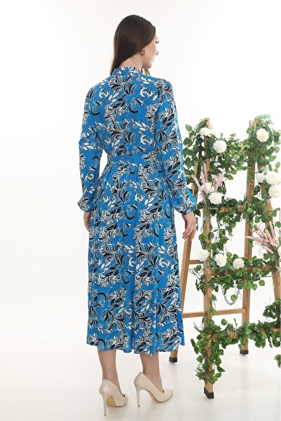 etselements V Yaka Kuşaklı Düğmeli Cepli Desenli Elbise 409 Mavi