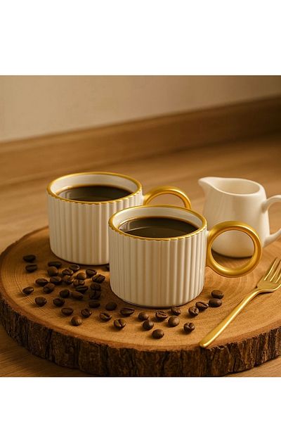 Pembelia Life Set of 2 Porcelain Coffee Cups Set with Gold Detail