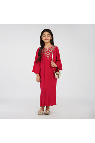 LINELLE جلابية أطفال - ماكسي أحمر كرزي بفتحة رقبة على شكل حرف V مزخرفة بخيوط