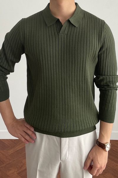 Tarz Cool Men's Khaki Slim Fit Long Sleeve Polo Neck Knitwear Sweater