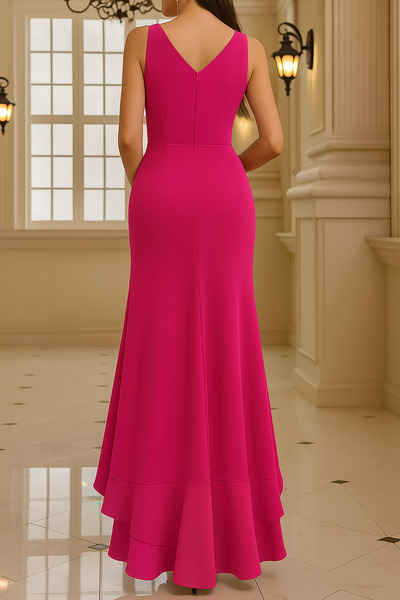 Deafox Fuchsia Women's Strap Flounce Slit Detail Crepe Fabric Long Dress